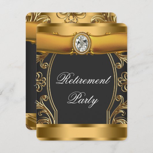 女性エレガントブラックおよび金ゴールド退職パーティー 招待状 (正面/裏面)