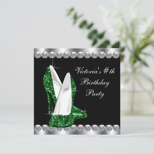 女性エレガントブラックエメラルドグリーンバースデーパーティー 招待状 (スタンド正面)