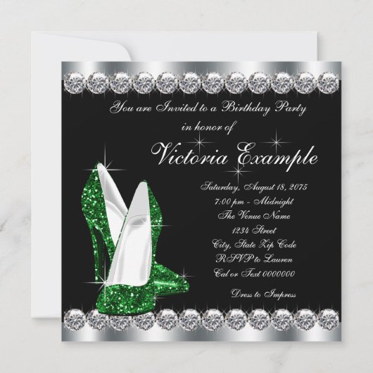女性エレガントブラックエメラルドグリーンバースデーパーティー 招待状 (裏面)