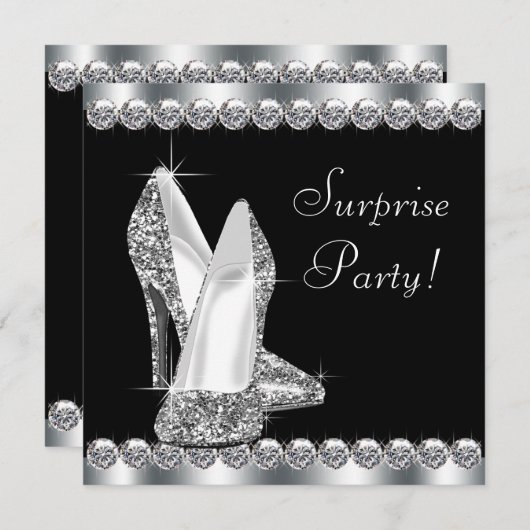 女性エレガントブラックサプライズ誕生日パーティー 招待状 (正面/裏面)