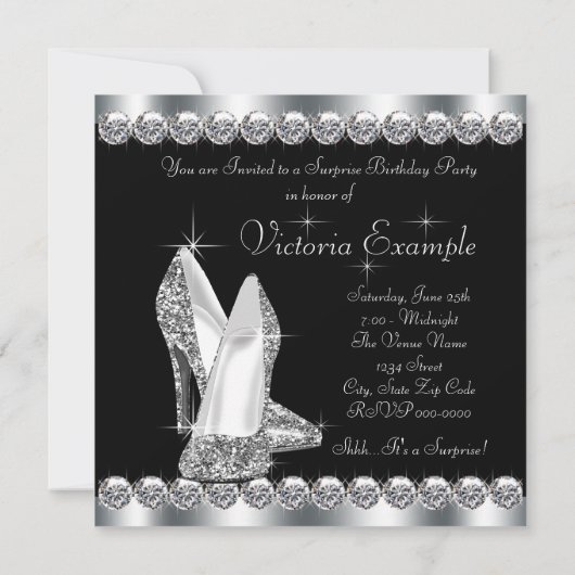 女性エレガントブラックサプライズ誕生日パーティー 招待状 (裏面)