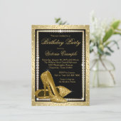 女性エレガントブラック金ゴールドハイヒールシューズ誕生日 招待状 (スタンド正面)