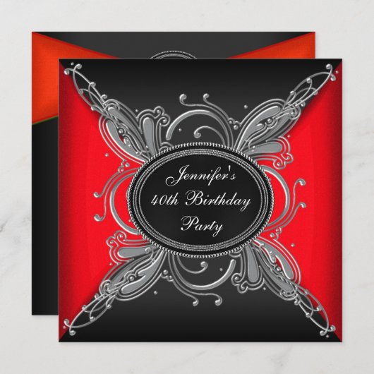 女性エレガント赤と黒の40歳の誕生日パーティー 招待状 (正面/裏面)