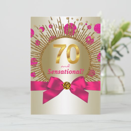 女性エレガント70thバースデーパーティー明るい赤紫色金ゴールド 招待状 (スタンド正面)