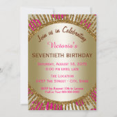 女性エレガント70thバースデーパーティー明るい赤紫色金ゴールド 招待状 (裏面)