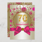 女性エレガント70thバースデーパーティー明るい赤紫色金ゴールド 招待状 (正面/裏面)