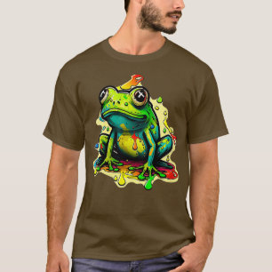 女性カラフルカエル平和サイン男性の両生類 Tシャツ