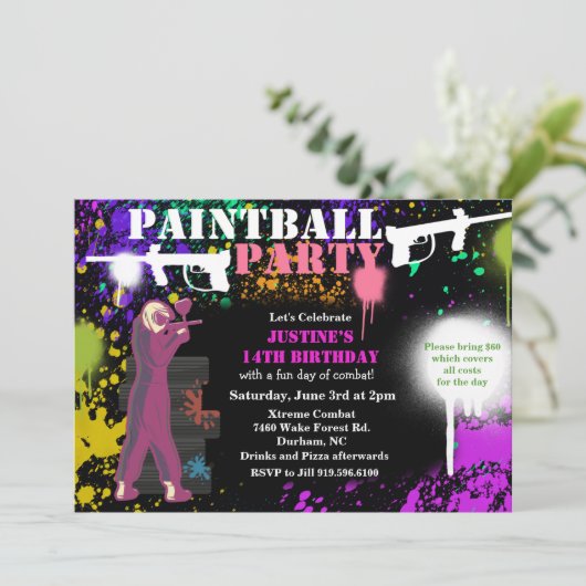 女性ガールペイントボール誕生日招待状 招待状 (スタンド正面)