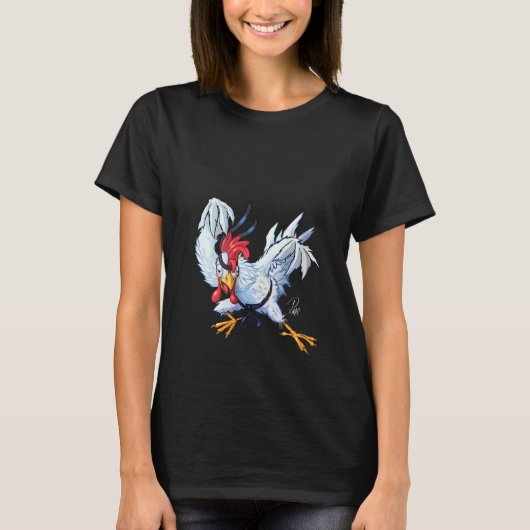 女性キュートと空手おもしろいチキン戦士シック Tシャツ (正面)