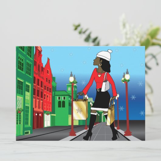 女性クリスマスショッピングとバッグ服のファッション 招待状 (スタンド正面)