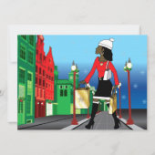 女性クリスマスショッピングとバッグ服のファッション 招待状 (正面)