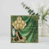 女性グリーンアンド金ゴールドバースデーパーティサテングリッター 招待状 (スタンド正面)