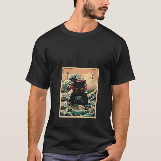 女性ゲーマー 猫 ラーメン アニメ レトロ 和柄 Tシャツ (正面)