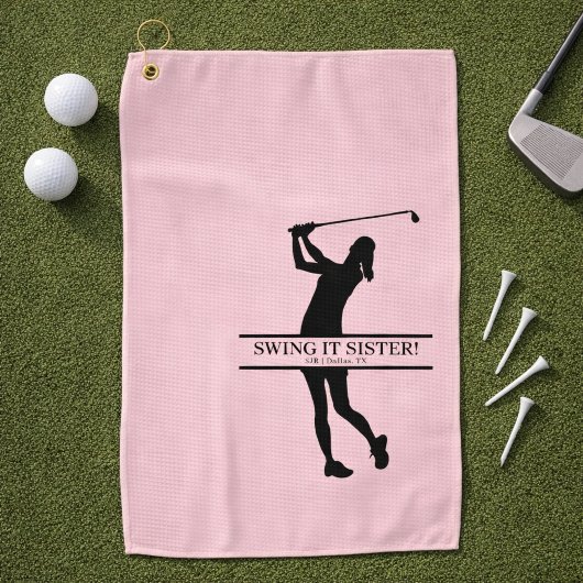 女性ゴルフのシルエット オーダーメイド モノグラム入り都市名 ゴルフタオル