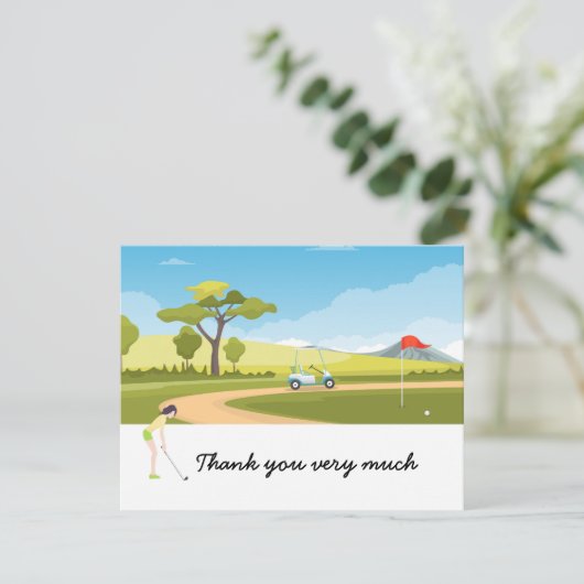 女性ゴルファーがグリーンのゴルフサンキューカード (スタンド正面)