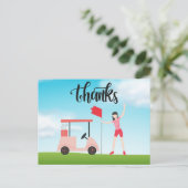 女性ゴルファーがグリーンのゴルフサンキューカード ポストカード (スタンド正面)