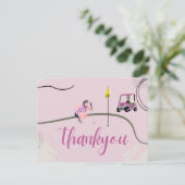 女性ゴルファーとゴルフカートありがとうピンクテーマ ポストカード (スタンド正面)