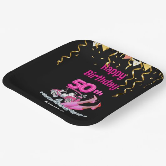 女性ゴルファーのためのピンクテーマでゴルフ50番目の誕生日 ペーパープレート (傾斜あり)