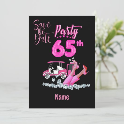 女性ゴルファーのためのピンクテーマのゴルフ65番目の誕生日 招待状 (スタンド正面)