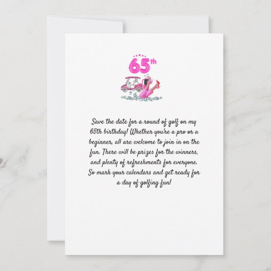 女性ゴルファーのためのピンクテーマのゴルフ65番目の誕生日 招待状 (裏面)