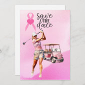 女性ゴルファーのピンクゴルフカートのピンクの乳がん 招待状 (正面/裏面)