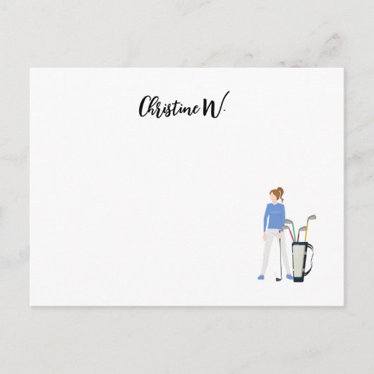 女性ゴルファーの名札を付けたゴルフ ポストカード (正面)