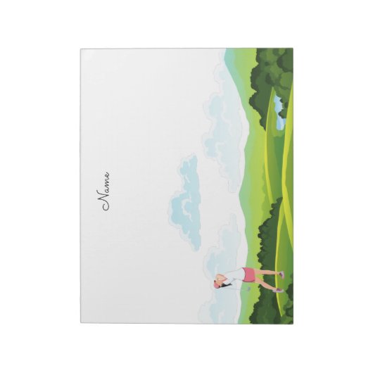 女性ゴルファーはフェアウェイのメモ帳で離陸している ノートパッド (回転)