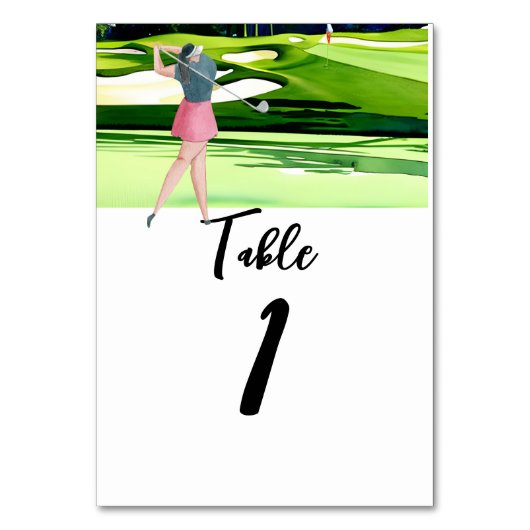 女性ゴルファーは緑のテーブル番号でゴルフをしている テーブルナンバー (裏面)