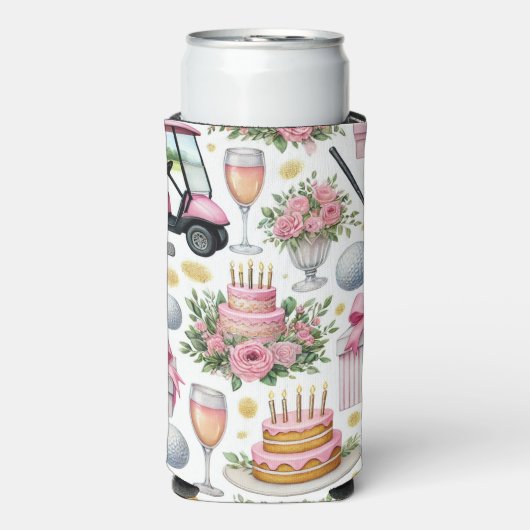 女性ゴルファーをテーマにしたゴルフ誕生日ピンク スリム缶クーラー (Seltzer正面)