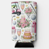 女性ゴルファーをテーマにしたゴルフ誕生日ピンク スリム缶クーラー (正面)