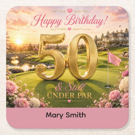 女性ゴルファー50歳の誕生日お祝いに スクエアペーパーコースター (正面)