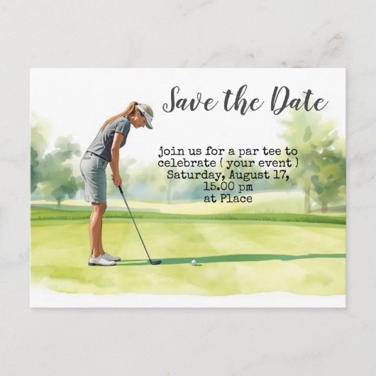 女性ゴルフトーナメントのSave the Date ポストカード (正面)