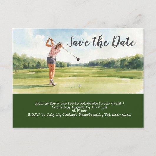 女性ゴルフトーナメントのSave the Date ポストカード (正面)