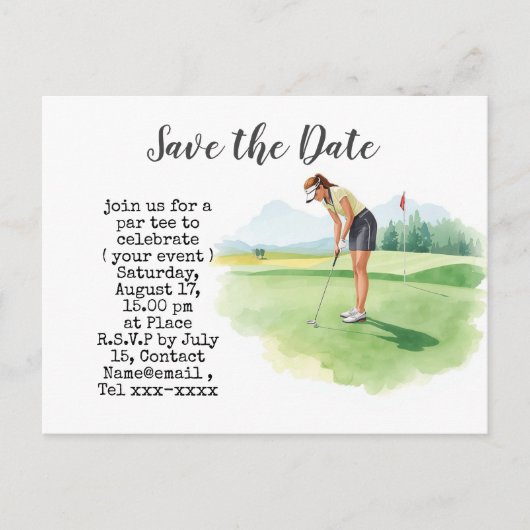 女性ゴルフトーナメントのSave the Date ポストカード (正面)