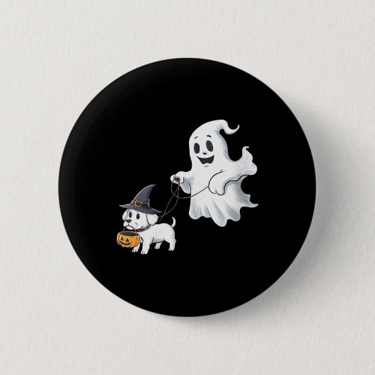 女性ゴーストワークズザドッグハロウィーンVネック 缶バッジ (正面)
