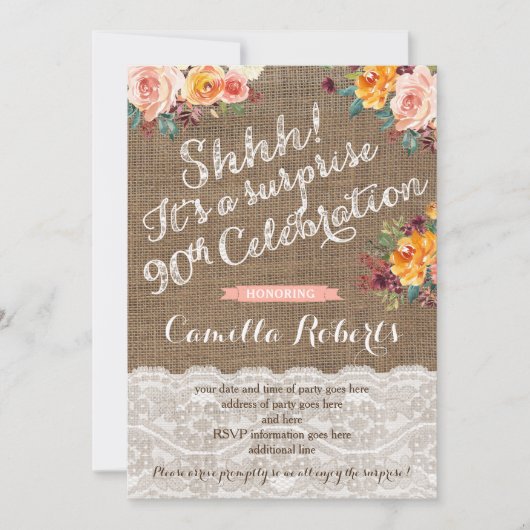 女性サプライズ誕生日パーティー招待状カード90th 招待状 (正面)