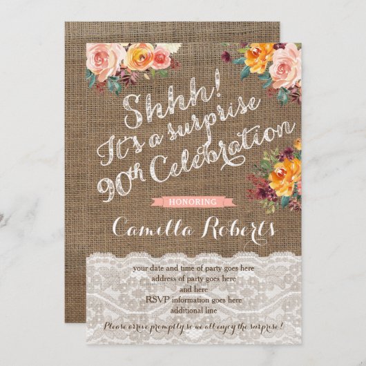 女性サプライズ誕生日パーティー招待状カード90th 招待状 (正面/裏面)