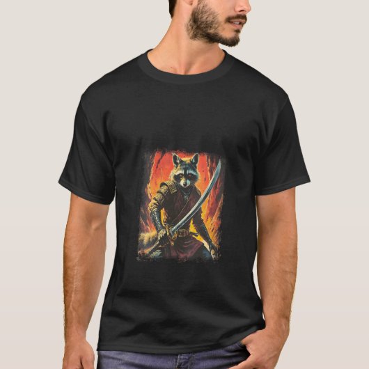 女性サムライ・アライグマ 日本の墨絵アート かわいい Tシャツ (正面)