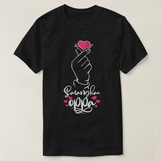 女性サランヘオッパ韓国ハートハンドサインKPop Tシャツ (デザイン正面)