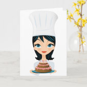 女性シェフお誕生日ケーキ カード (黄色い花)