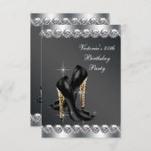 女性シックブラックバースデーパーティー 招待状 (正面/裏面)