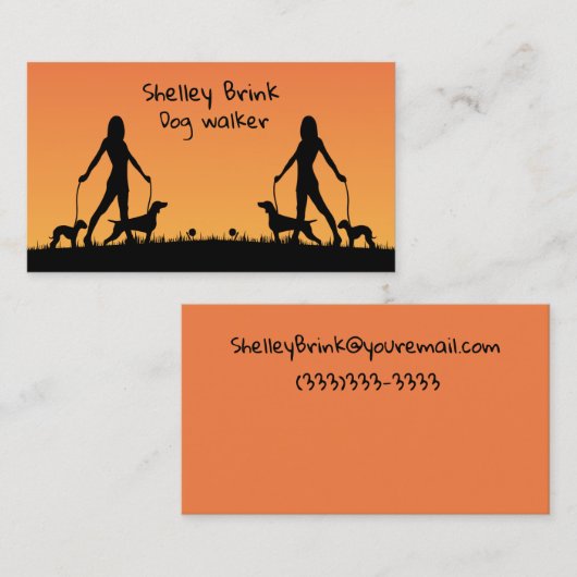 女性シルエット歩くドッグスキュートドッグウォーカー 名刺 (正面/裏面)