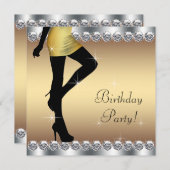 女性シルバーと金ゴールド誕生日パーティー 招待状 (正面/裏面)