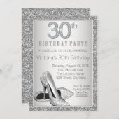 女性シルバーグリッターハイヒールシューズ30th誕生日 招待状 (正面/裏面)