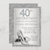 女性シルバーグリッターハイヒールシューズ40th誕生日 招待状 (正面/裏面)