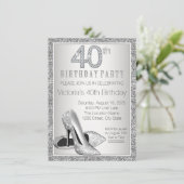女性シルバーグリッターハイヒールシューズ40th誕生日 招待状 (スタンド正面)