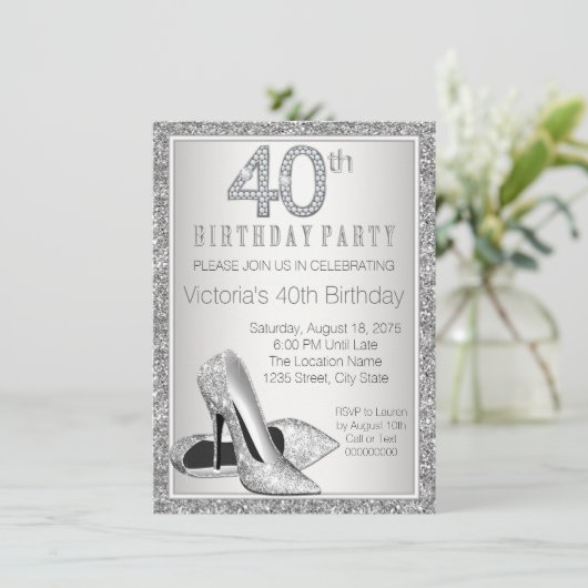 女性シルバーグリッターハイヒールシューズ40th誕生日 招待状 (スタンド正面)