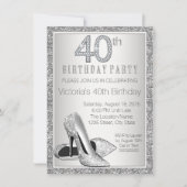 女性シルバーグリッターハイヒールシューズ40th誕生日 招待状 (正面)