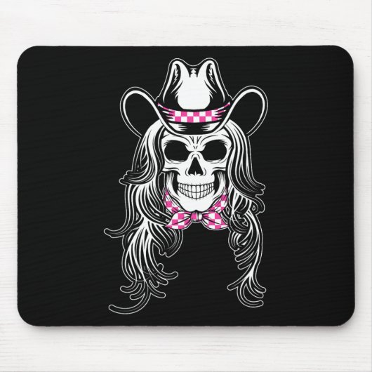 女性スカルグラフィックハロウィーン女性のカーボーイピンク市松模様に マウスパッド (正面)