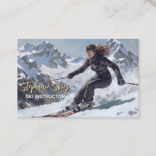 女性スキーインストラクターのスキーシーン 名刺 (正面)